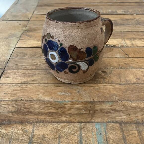 Vintage Mexican Folk Art Pottery Tonala Sand Mug Floral Design Signed - Picture 1 of 12